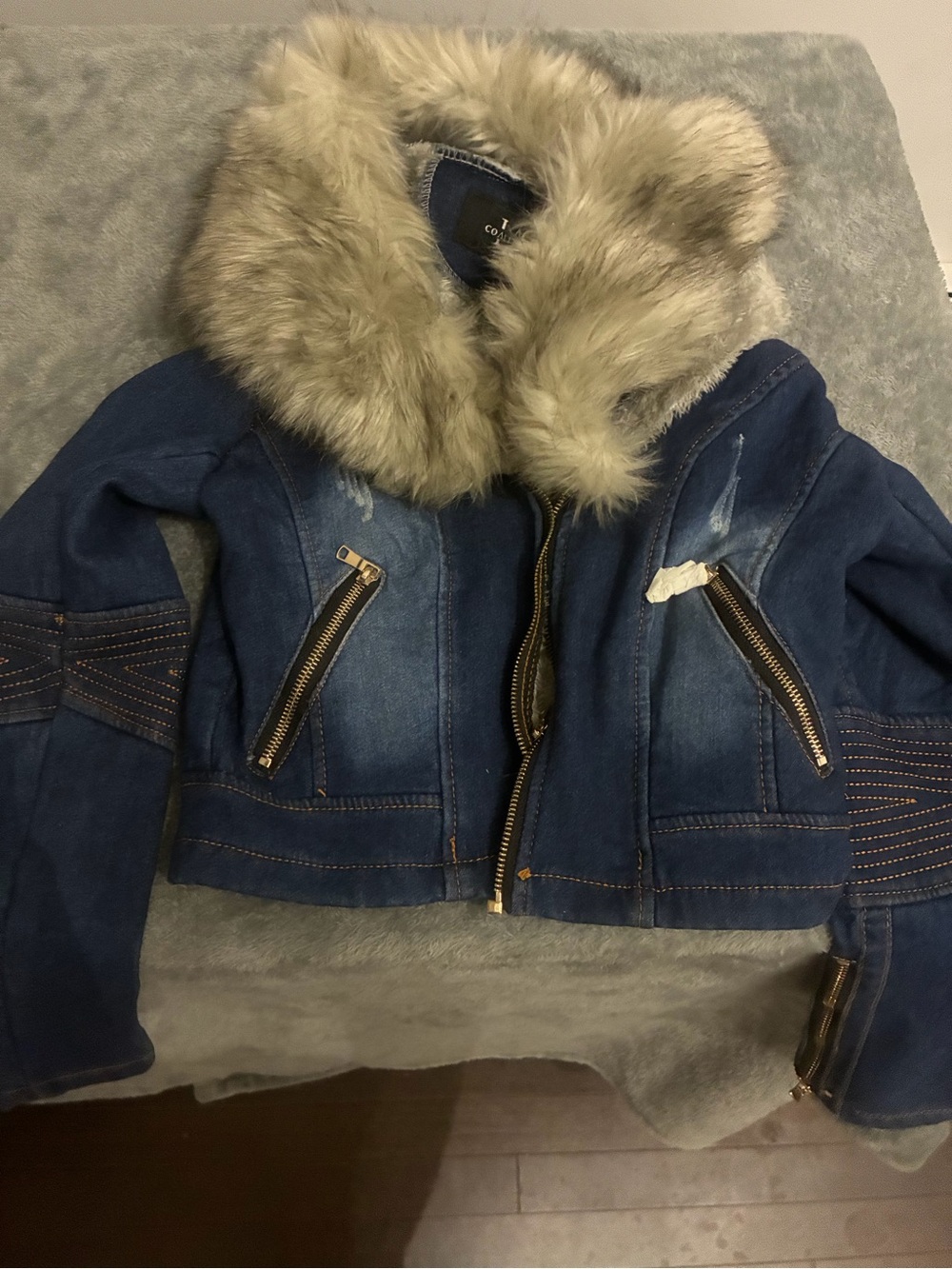 Faux Fur Collar Blue Jacket